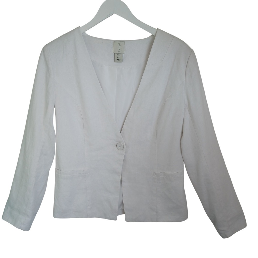 Joie Womens White Linen Blend Collarless Single Button Blazer Jacket Size L